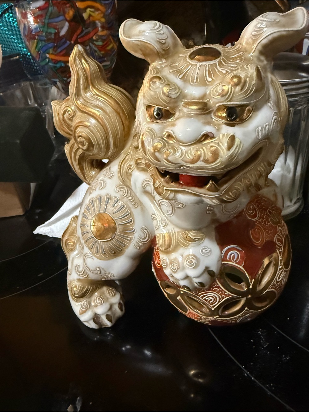 Decorative Foo Dog Statue in White and Gold - Brand